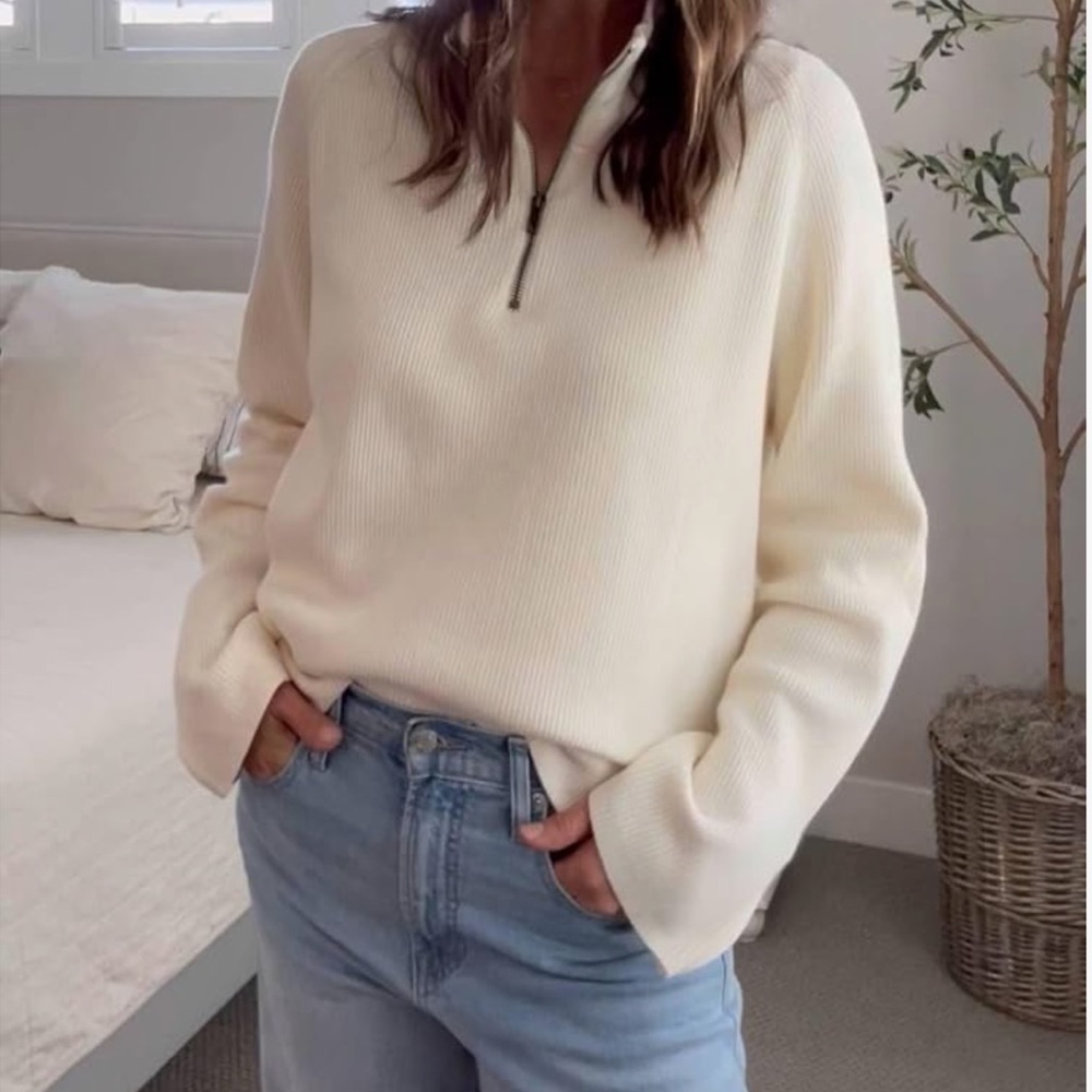 Zanzea Cream Quarter-Zip Sweater